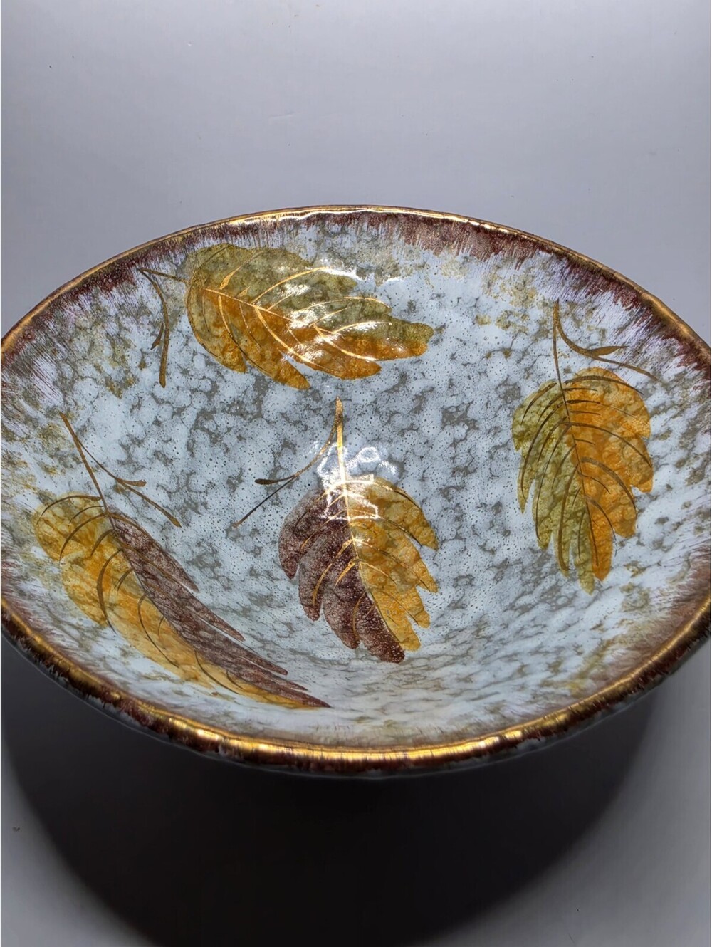 VTG MCM Italian Art Pottery Footed Bowl Fall Leaves Gold Trim Italy 17/4 6.5"